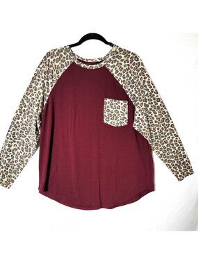 Zenana T-shirt Womens Sz XL Long Sleeve Burgundy & Leopard Print Cabincore
